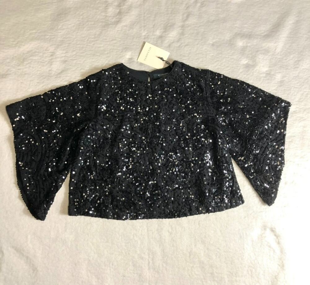 New All Saints Top Womens 2 Black Sequin Ivy Embellished Crop Blouse Glam Rock